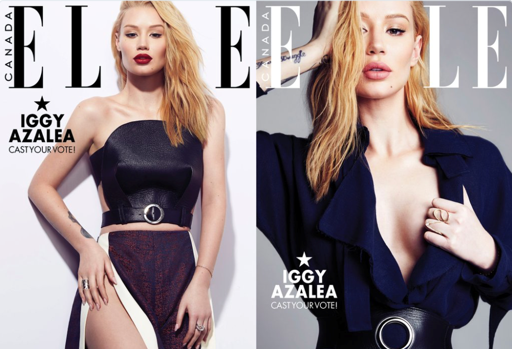 Duas possíveis capas foram à votação no site da Elle, e a escolhida pelo público foi a da direita, com seu fundo cinza (Divulgação/Elle).